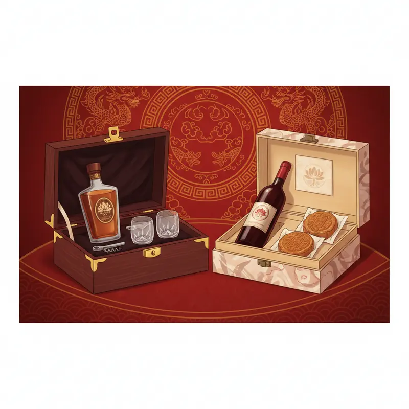 Hai hộp quà Tết doanh nghiệp: rượu ngoại sang trọng và vang Việt kết hợp bánh Trung Thu, nền truyền thống.