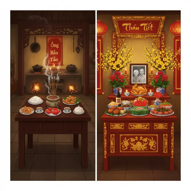 Bàn thờ cúng Ông Táo, đầy đủ lễ vật truyền thống và cá chép.