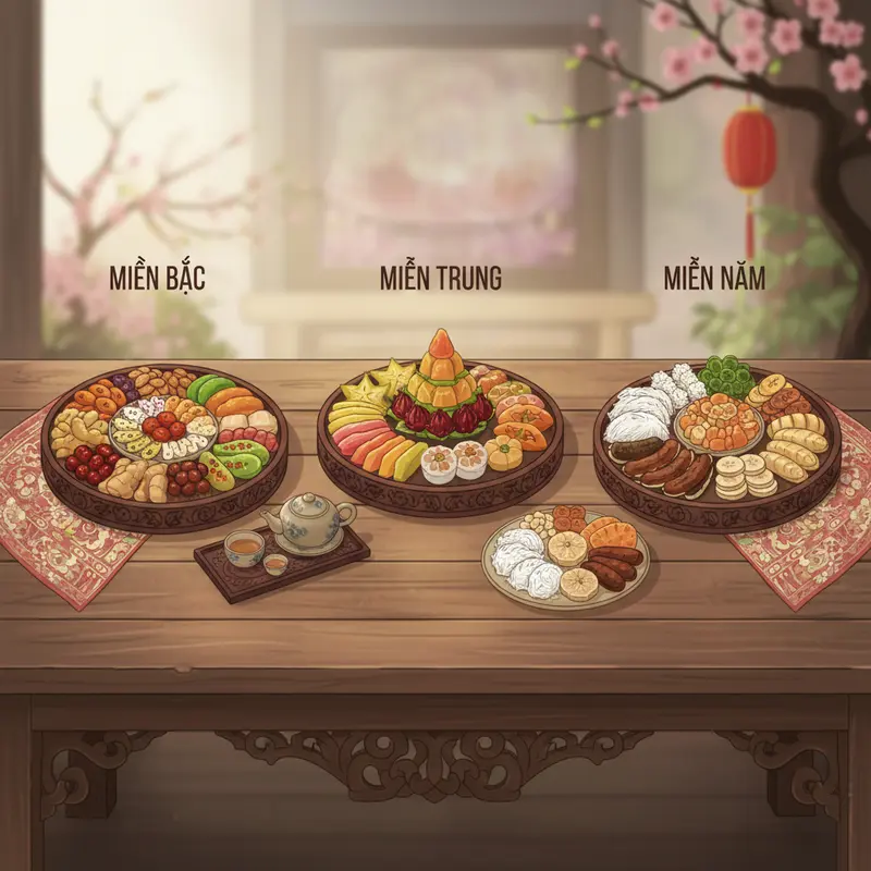 Bàn trà ngày Tết với đa dạng mứt, kẹo và hoa mai vàng nổi bật.