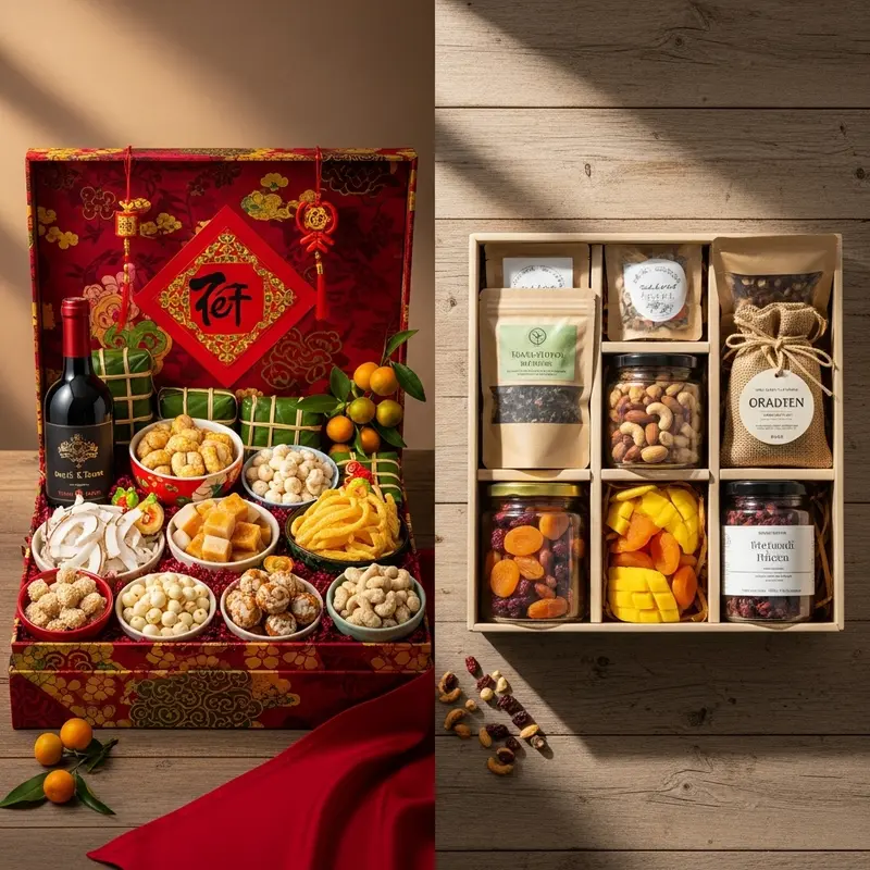 Hộp quà Tết truyền thống với bánh mứt, trà, rượu mang đậm sắc xuân.