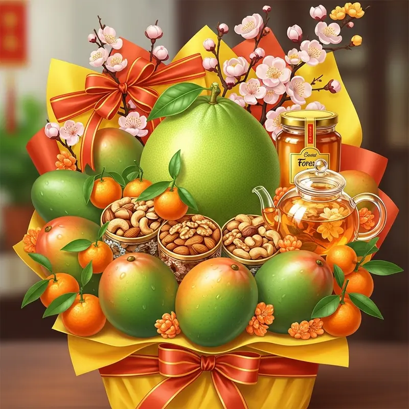 Giỏ quà Tết healthy gồm hoa quả tươi, hạt dinh dưỡng, trà và mật ong, bày trí theo phong cách truyền thống Việt Nam.