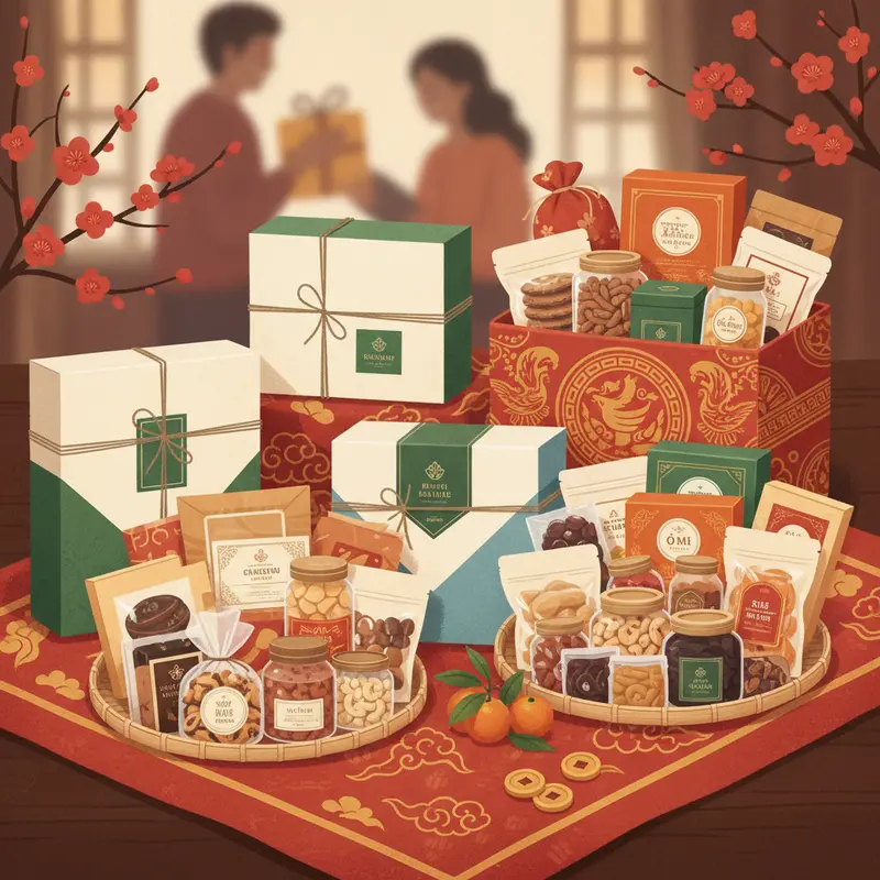 Giỏ quà Tết đẹp, nhiều đặc sản, không rượu vang trong phòng làm việc doanh nghiệp hiện đại.