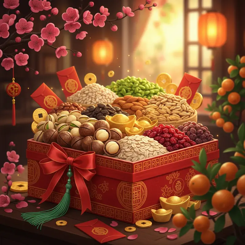 Hộp quà Tết đẹp mắt với các loại hạt, yến mạch và nam việt quất khô, trang trí hoa mai và bao lì xì.