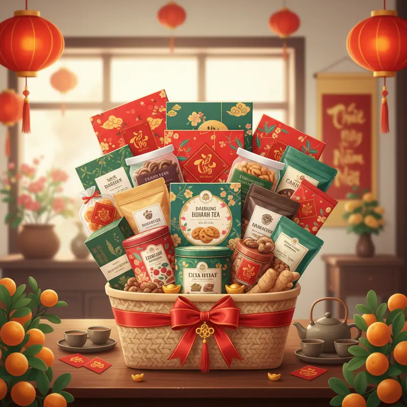 Giỏ quà Tết doanh nghiệp nhiều sản phẩm hấp dẫn, không rượu vang, trang trí truyền thống.