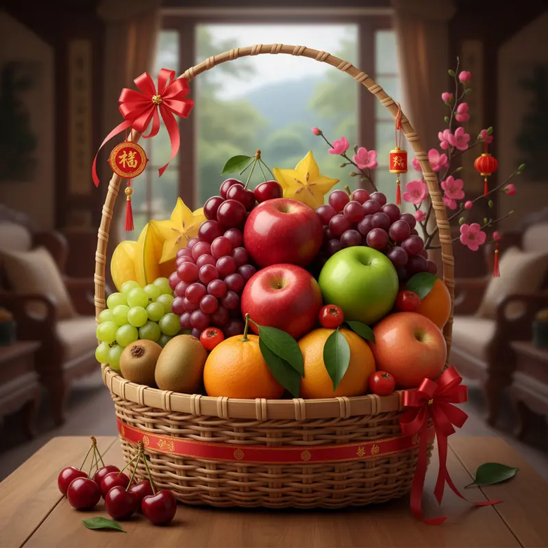 Giỏ quà Tết trái cây nhập khẩu với đa dạng trái cây cao cấp.
