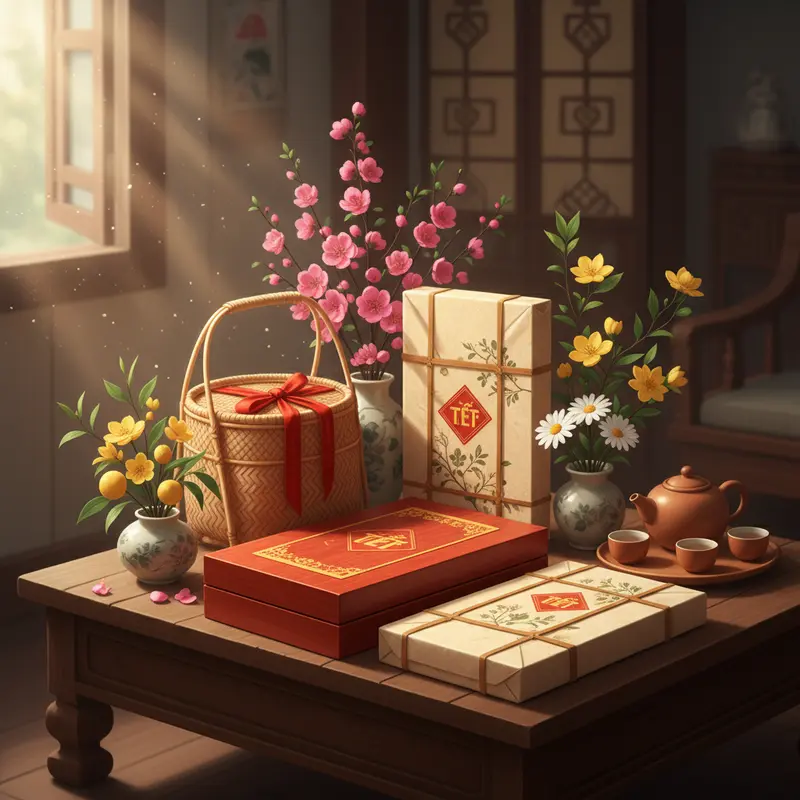 Quà Tết gói bằng tre, gỗ và giấy tái chế trên bàn truyền thống.