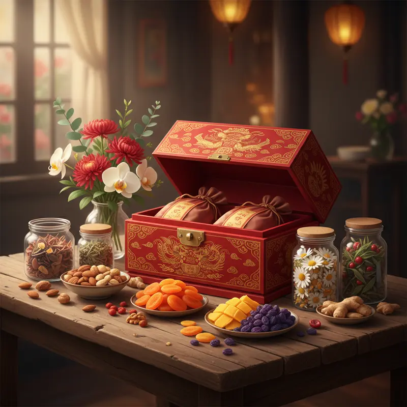 Hộp quà Tết bên cạnh các loại hạt, mứt trái cây, trà thảo mộc và hoa tươi trên mặt bàn.