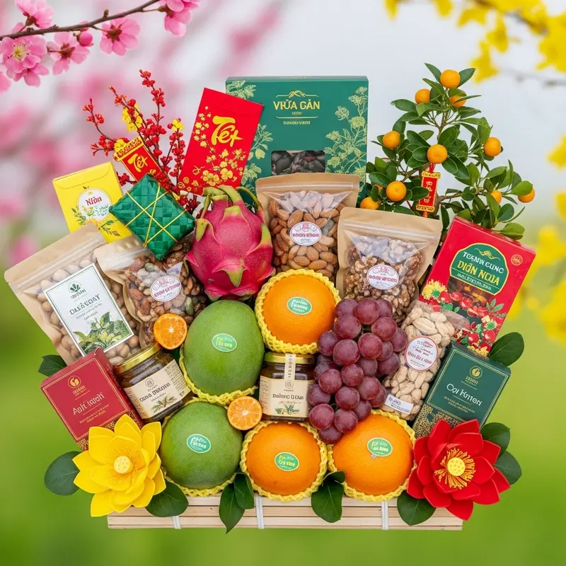 Giỏ quà Tết healthy gồm hoa quả tươi, hạt dinh dưỡng, trà và mật ong, bày trí theo phong cách truyền thống Việt Nam.