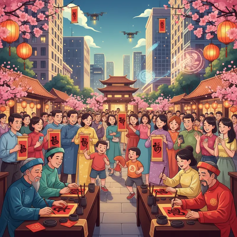 Ông đồ viết thư pháp tại phiên chợ Tết truyền thống.