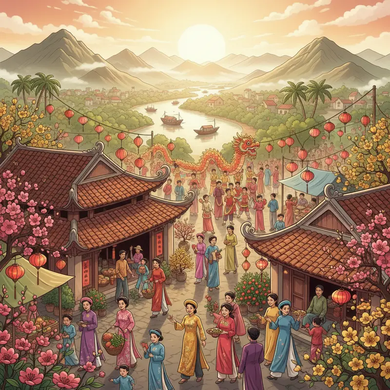 Quang cảnh Tết Việt với hoa đào, áo dài truyền thống, nhà dân và phiên chợ xuân rộn rã.