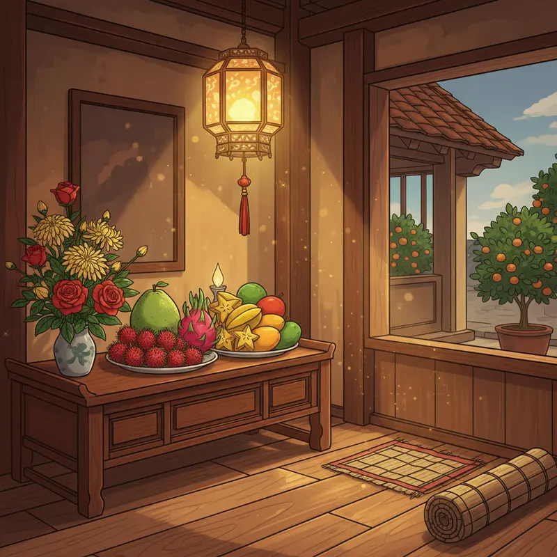 Phòng khách truyền thống ngày năm mới, bàn thờ hoa quả, sàn sạch, không chổi.