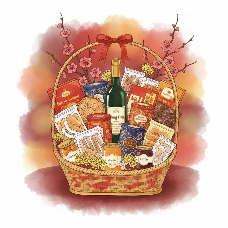 Giỏ quà Tết truyền thống trong khung cảnh gia đình xưa.