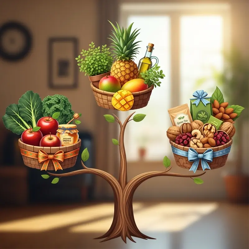 Bố cục quà Tết healthy hiện đại với hạt dinh dưỡng, trà thảo mộc và trái cây tươi cao cấp.