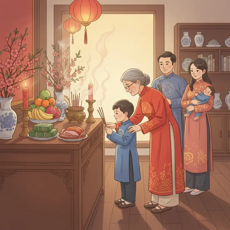 Gia đình sum vầy bên bàn thờ tổ tiên, làn khói hương kết nối ba thế hệ vào dịp Tết.