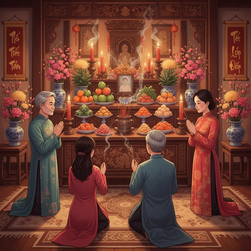 Gia đình Việt quây quần bên bàn thờ ngày Tết với lễ vật truyền thống và không khí tràn đầy sum họp.