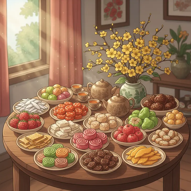 Bàn gỗ truyền thống đầy đủ các loại mứt và kẹo Tết đặc trưng ba miền, hoa mai, ấm trà.