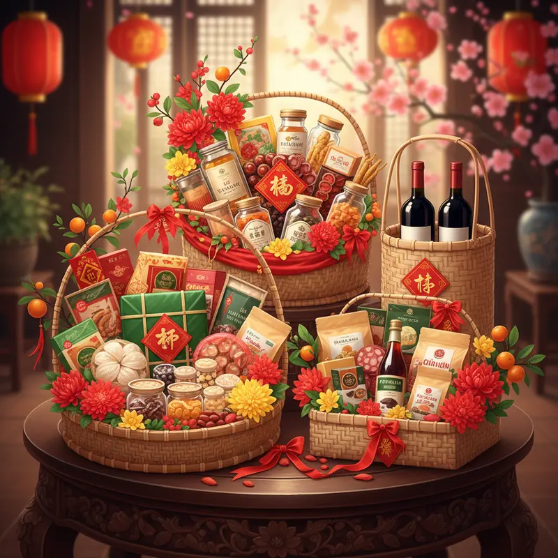 Giỏ quà Tết đa dạng trên bàn gỗ với hoa xuân, bánh kẹo, rượu và đặc sản Việt Nam.