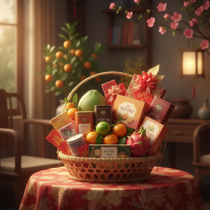 Giỏ quà Tết truyền thống mang đậm ý nghĩa đoàn viên và chúc phúc.
