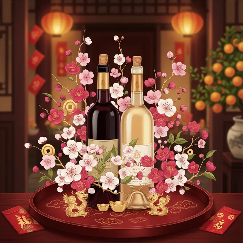 Khung cảnh bộ quà Tết trang nhã gồm rượu vang trắng và đỏ, hoa xuân, chi tiết vàng truyền thống.