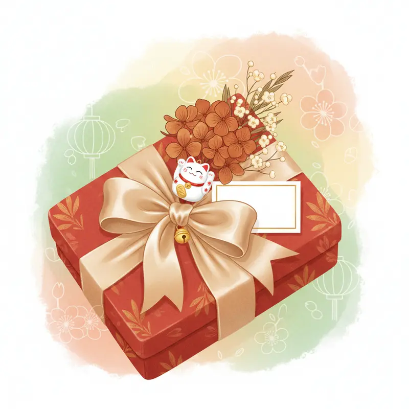 Bàn chuẩn bị nguyên liệu gói quà Tết với ruy băng, nơ vải, giấy gói, kéo, và phụ kiện trang trí.