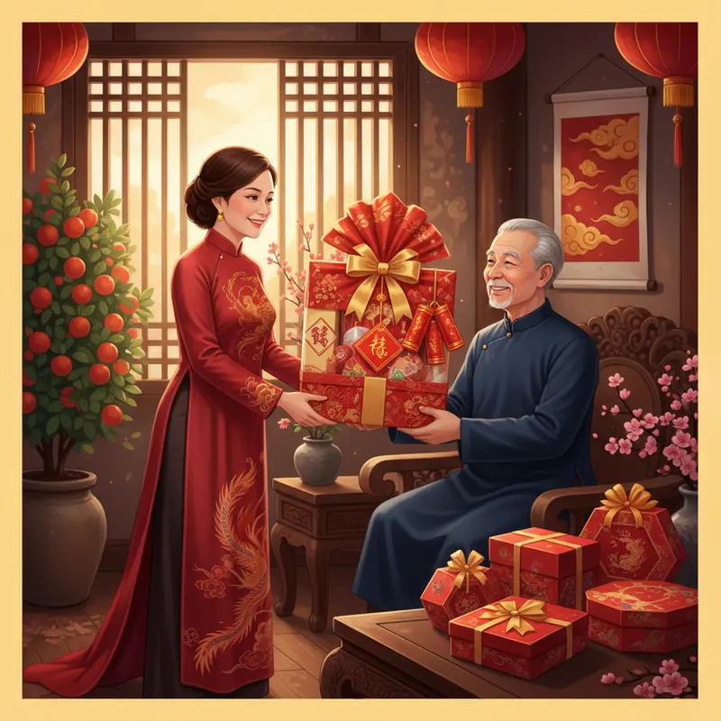 Trao giỏ quà Tết sang trọng trong khung cảnh sum vầy ấm áp.