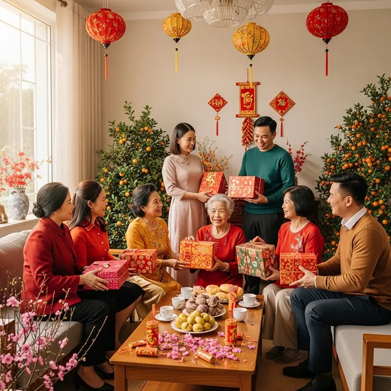 Hộp quà Tết truyền thống với bánh mứt, trà, rượu mang đậm sắc xuân.