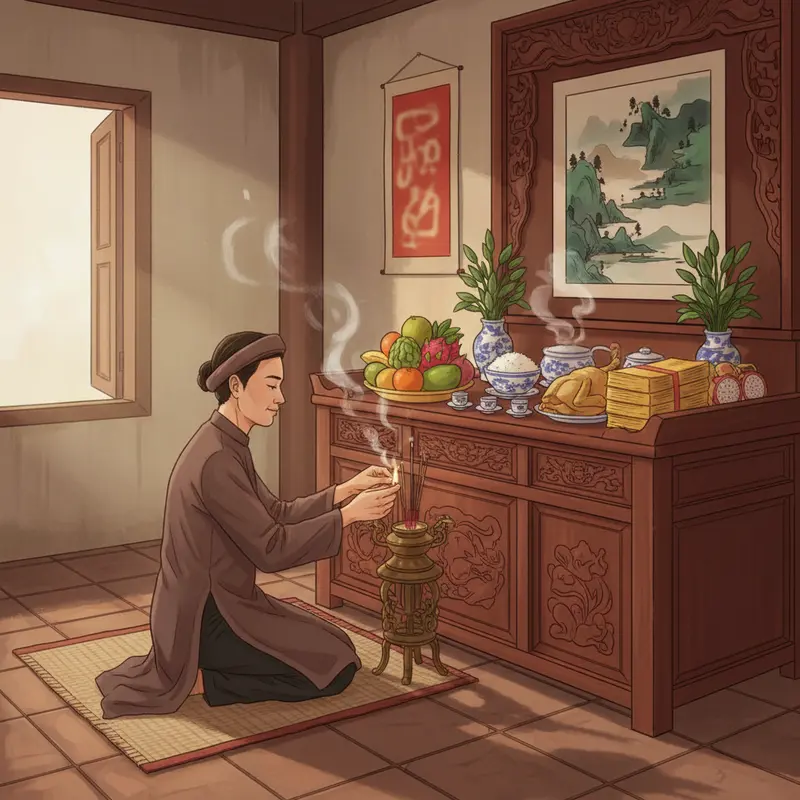 Gia đình Việt chuẩn bị mâm cúng hóa vàng trong không khí Tết sum vầy.