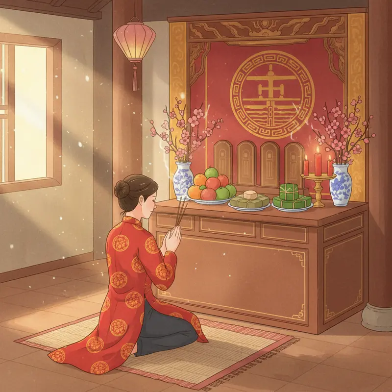 Gia đình sum vầy bên bàn thờ tổ tiên, làn khói hương kết nối ba thế hệ vào dịp Tết.