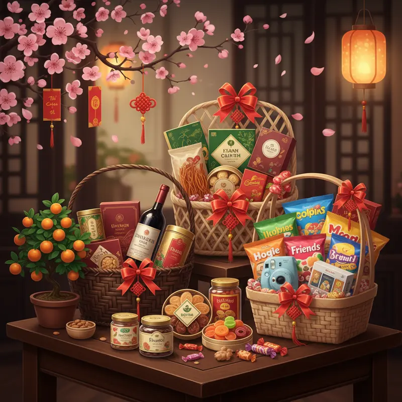 Nhiều giỏ quà Tết khác nhau dành cho sếp, đối tác, ông bà, cha mẹ và bạn bè, trang trí cùng hoa đào và phong bao lì xì.