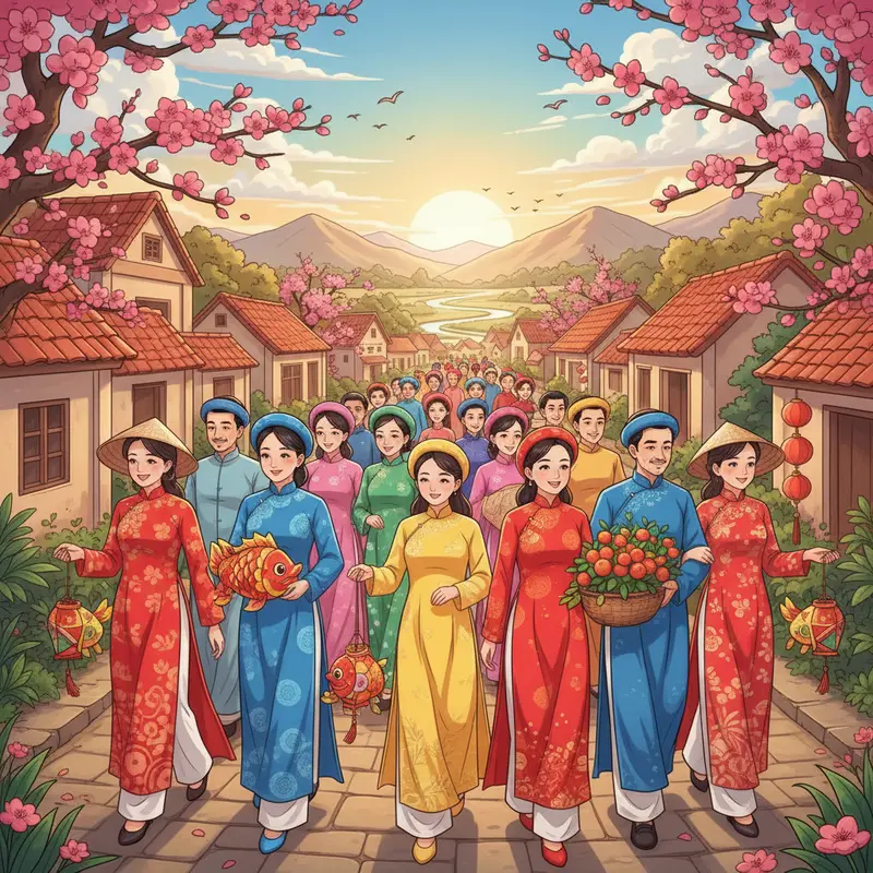 Hình ảnh mọi người du lịch Tết, diện áo dài, ngập tràn không khí đoàn viên.