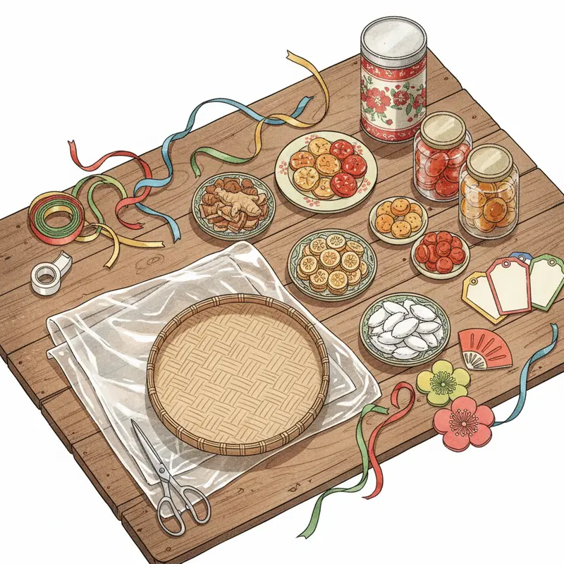 Các vật dụng và nguyên liệu cần thiết để làm giỏ quà Tết truyền thống.