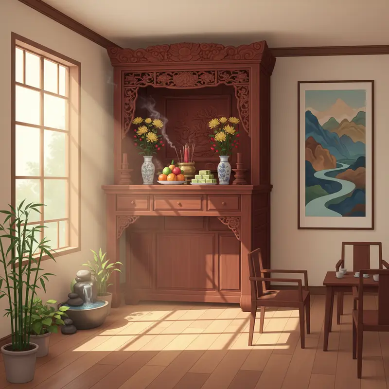 Bàn thờ gia tiên ngày Tết với biểu tượng ngũ hành hài hòa.