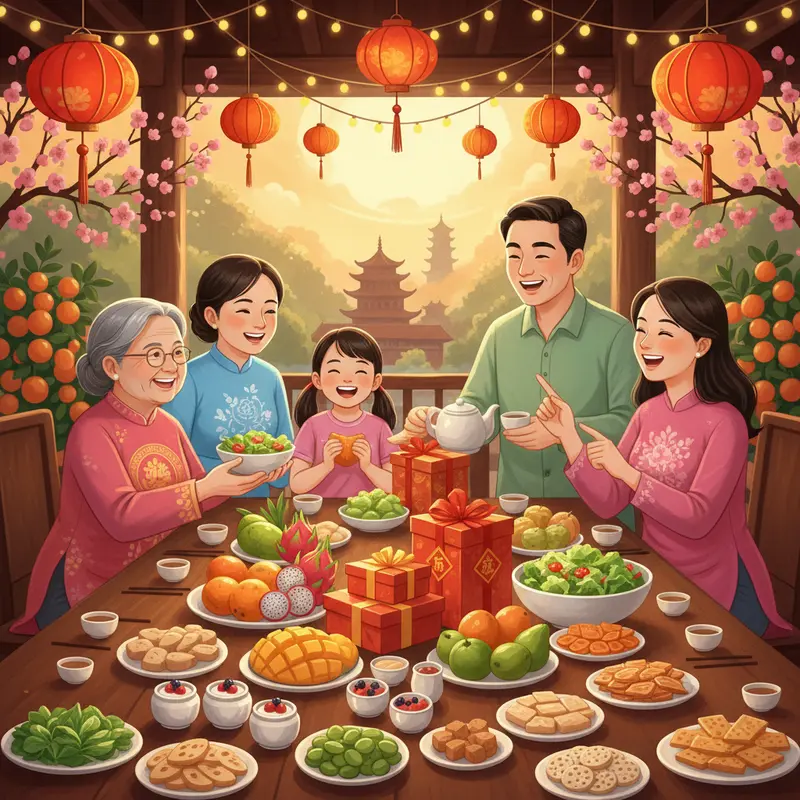 Gia đình Việt quây quần bên bàn tiệc Tết với món ăn kèm lành mạnh.