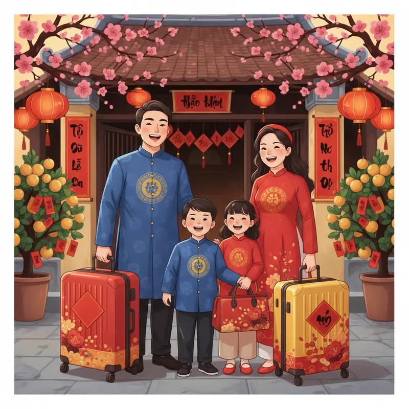 Gia đình Việt Nam đứng cạnh vali và túi du lịch, sẵn sàng bước vào kỳ nghỉ Tết bên nhau.