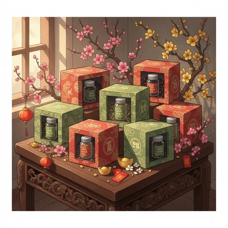 Hình ảnh hộp quà trà đặc sản, hoa đào mai, và vật phẩm trang trí Tết trên bàn gỗ sang trọng.