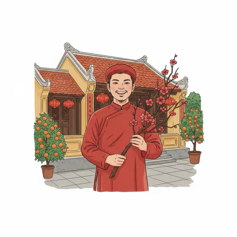 Phòng khách truyền thống ngày Tết, rác được gom lại một góc để giữ lộc.