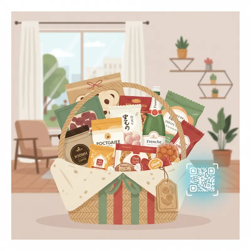 Giỏ quà Tết truyền thống trong khung cảnh gia đình xưa.