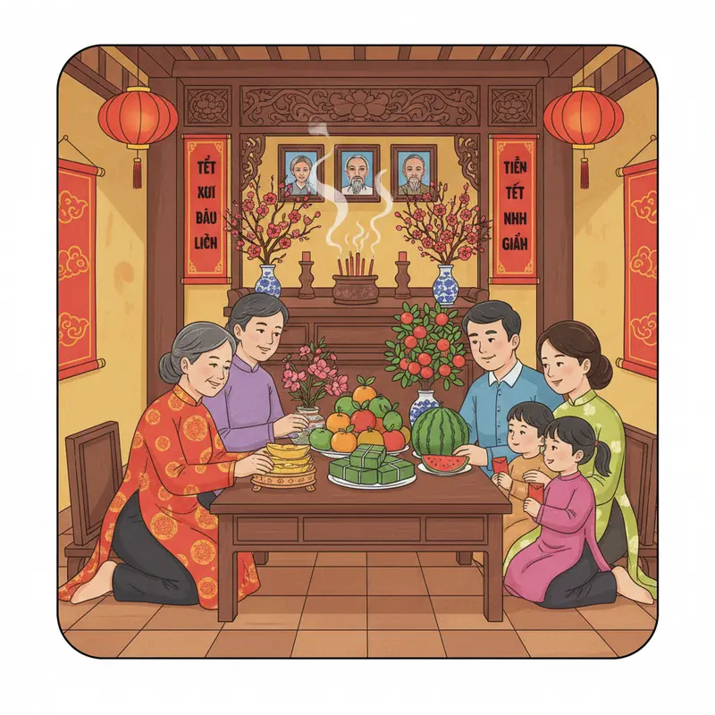 Gia đình Việt chuẩn bị mâm cúng hóa vàng trong không khí Tết sum vầy.