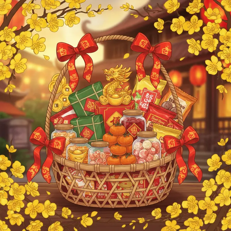 Giỏ quà Tết truyền thống trong khung cảnh gia đình xưa.