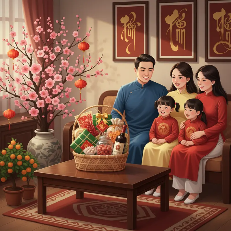 Phòng khách ngày Tết với giỏ quà nổi bật và không khí sum vầy ấm áp.