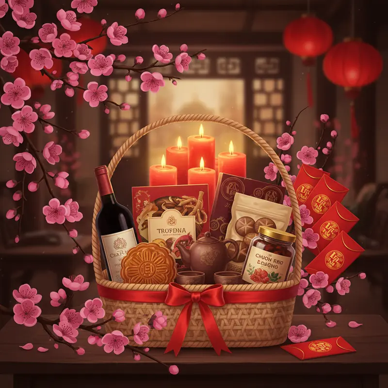 Giỏ quà Tết sang trọng với sắc đỏ vàng truyền thống và thực phẩm hảo hạng.