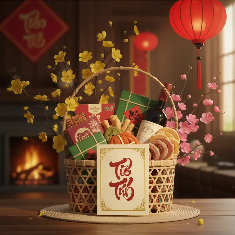 Giỏ quà Tết sang trọng cùng thiệp và lời chúc mang ý nghĩa gắn kết.