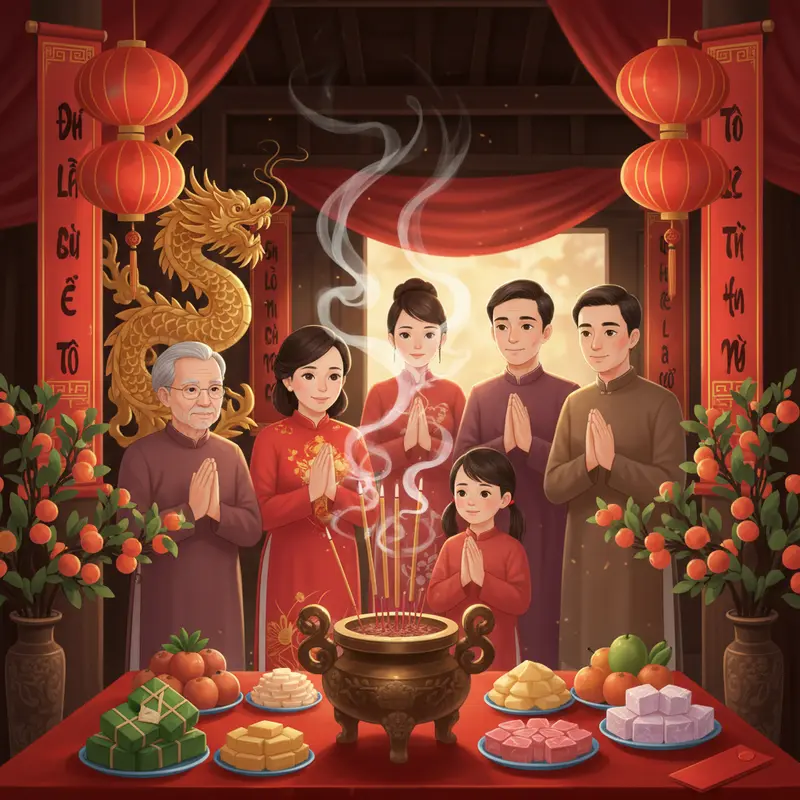 Gia đình sum vầy bên bàn thờ tổ tiên, làn khói hương kết nối ba thế hệ vào dịp Tết.