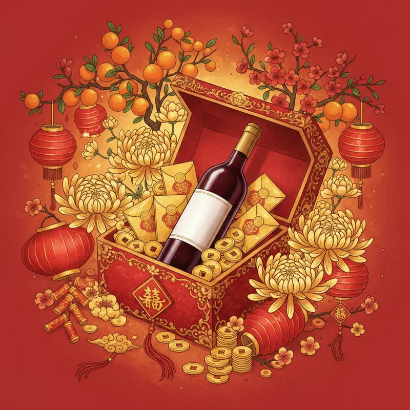 Giỏ quà Tết sang trọng với rượu vang đỏ, vang trắng và hoa đào.