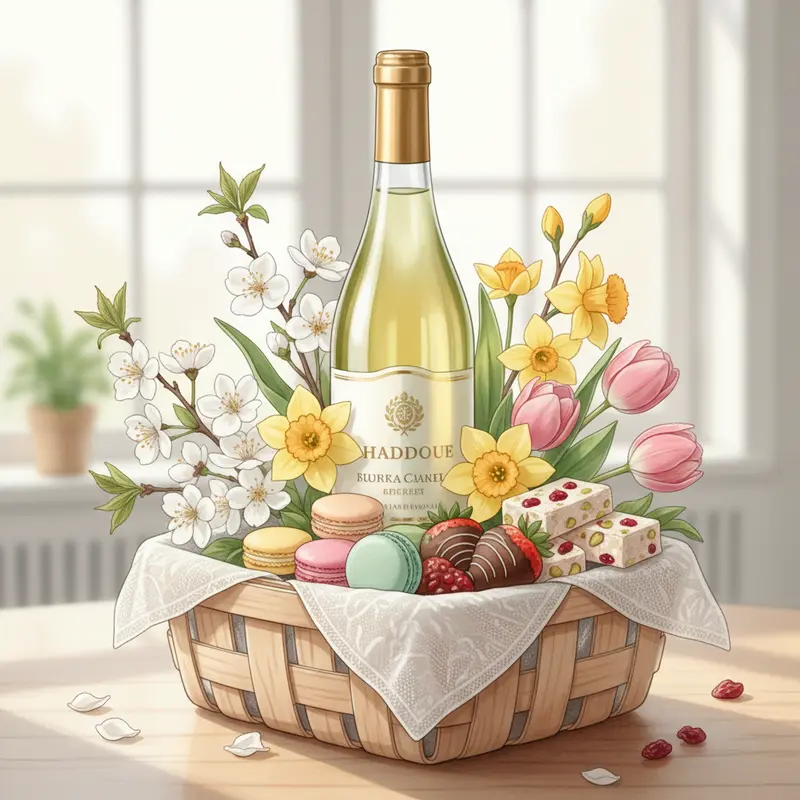 Giỏ quà Tết sang trọng với rượu vang đỏ, vang trắng và hoa đào.