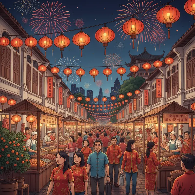 Chinatown Singapore rực rỡ trong dịp Tết với đèn lồng và chợ truyền thống.