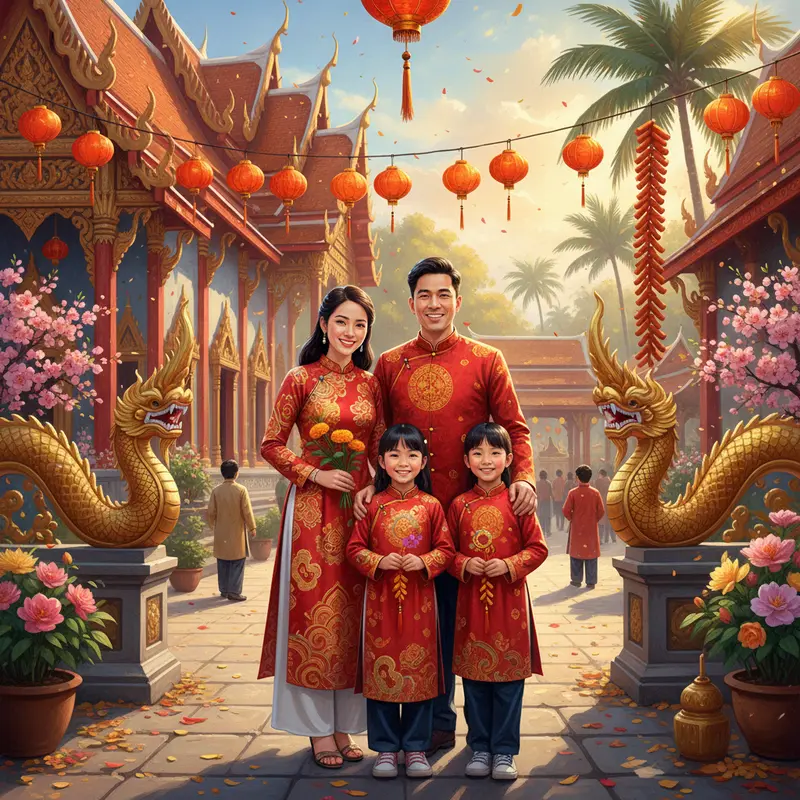 Gia đình người Việt tạo dáng trước ngôi chùa Thái đón nắng, trang hoàng lộng lẫy dịp Tết Nguyên Đán.