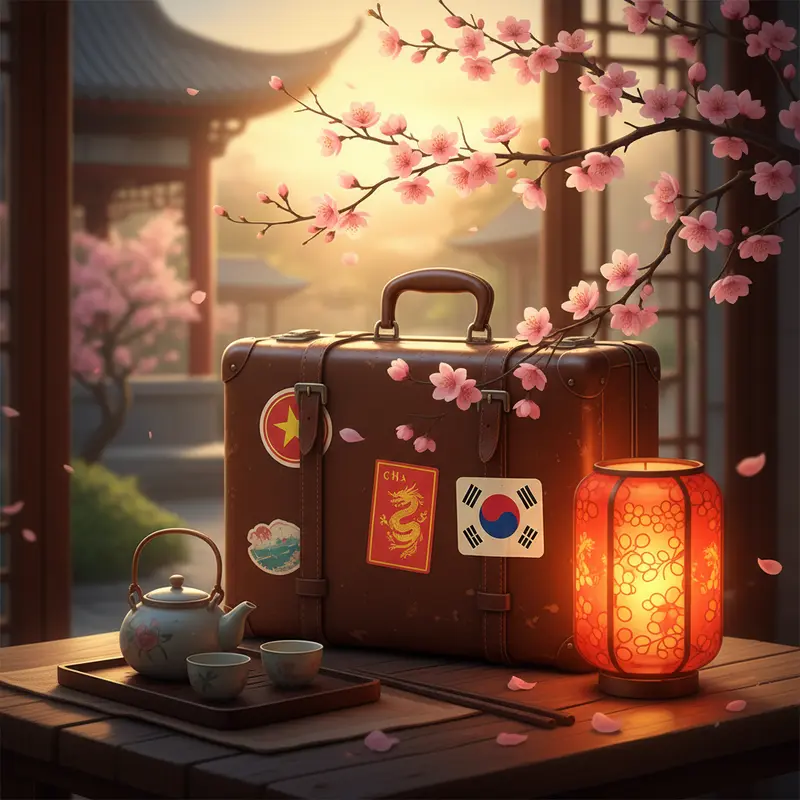 Hình ảnh biểu tượng du lịch Tết Châu Á với vali, đèn lồng đỏ và hoa đào