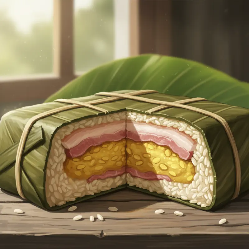 Bánh Chưng xanh với nhân thịt mỡ đậu xanh vàng óng.