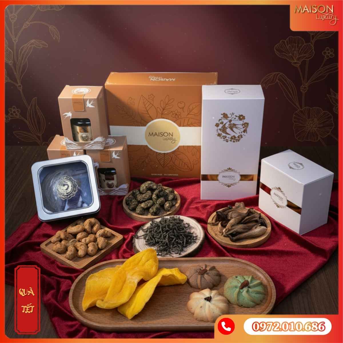 Hạt điều, nấm mối sấy khô, yến sào, hoa quả sấy, bánh cookies, trà shan tuyết